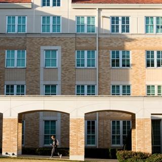 This four-story residence hall is part of TCU's campus commons area