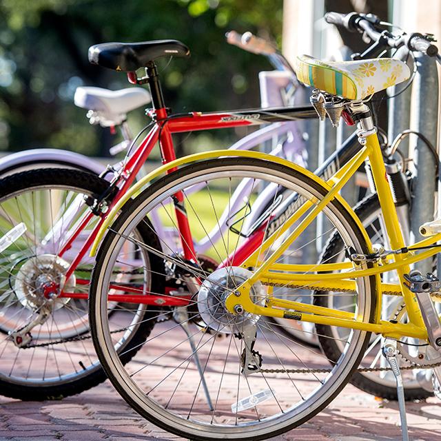 Close up of a bicycle rack on the TCU campus with pink, red, and yellow bikes